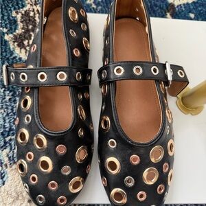 Black Mary Jane Shoes with Metallic Eyelet Accents